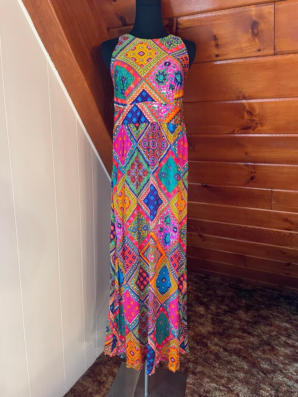 Vintage 70s Neon Rainbow Patchwork Maxi Dress sz S